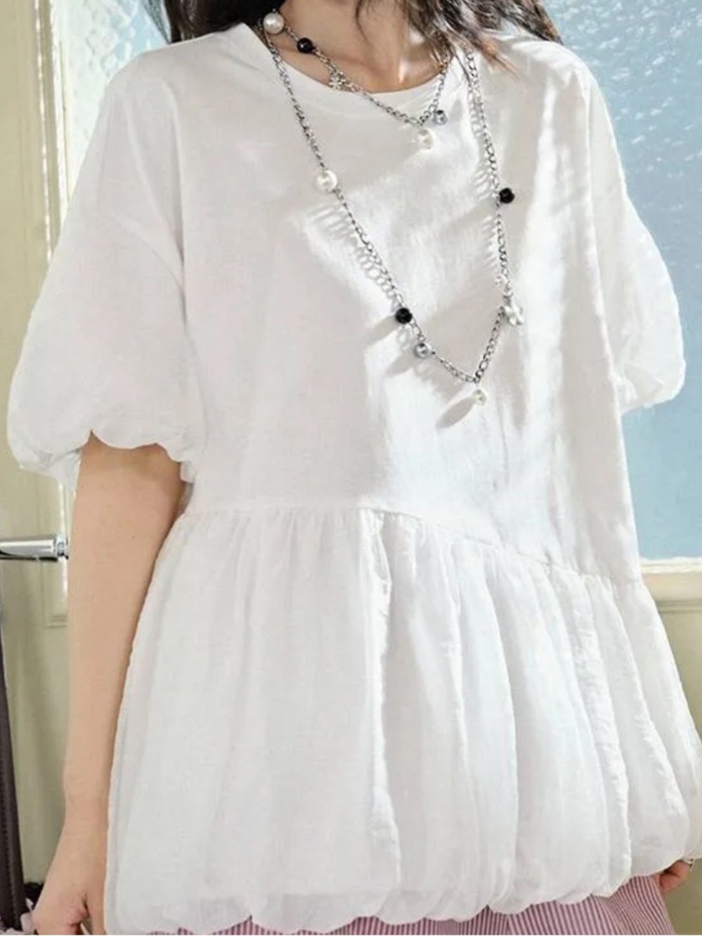 KUOSE Shirt Womens M White Crew Neck Short Puff Sleeve Ruffle Tunic Top